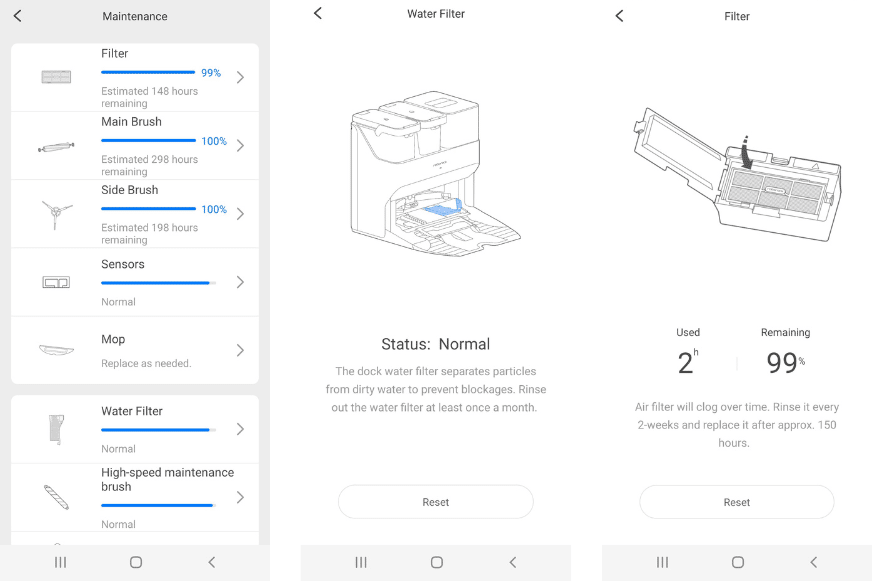 The maintenance information for each part is displayed in the Roborock S7 Pro Ultra app.